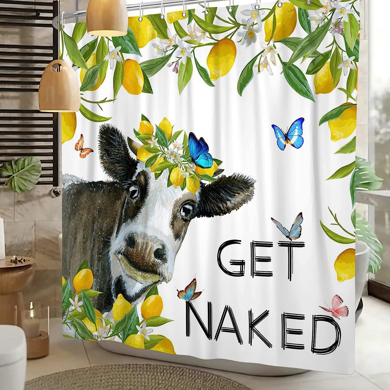 Funny Cow and Butterfly-themed Waterproof Renaiss Shower Curtain for Bathroom Decor