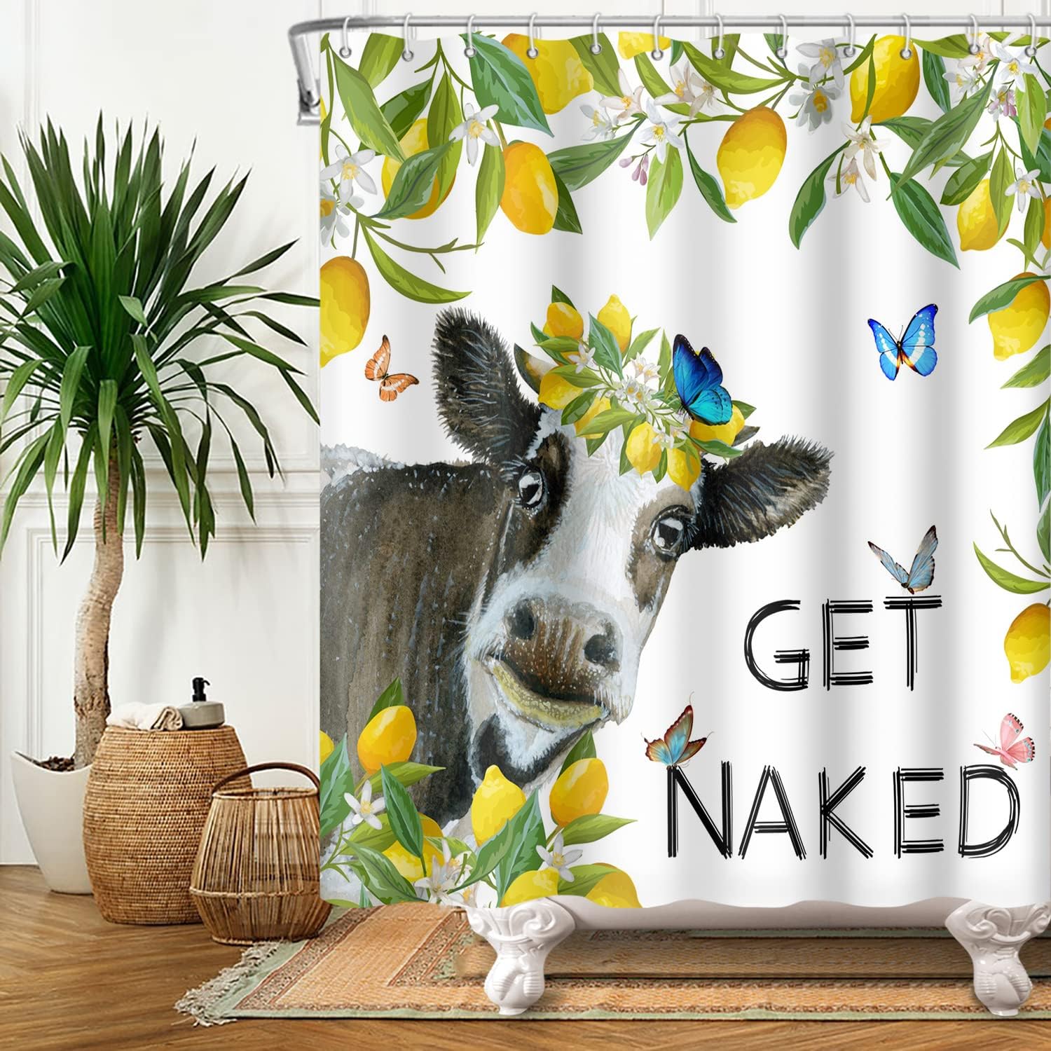 Funny Cow and Butterfly-themed Waterproof Renaiss Shower Curtain for Bathroom Decor