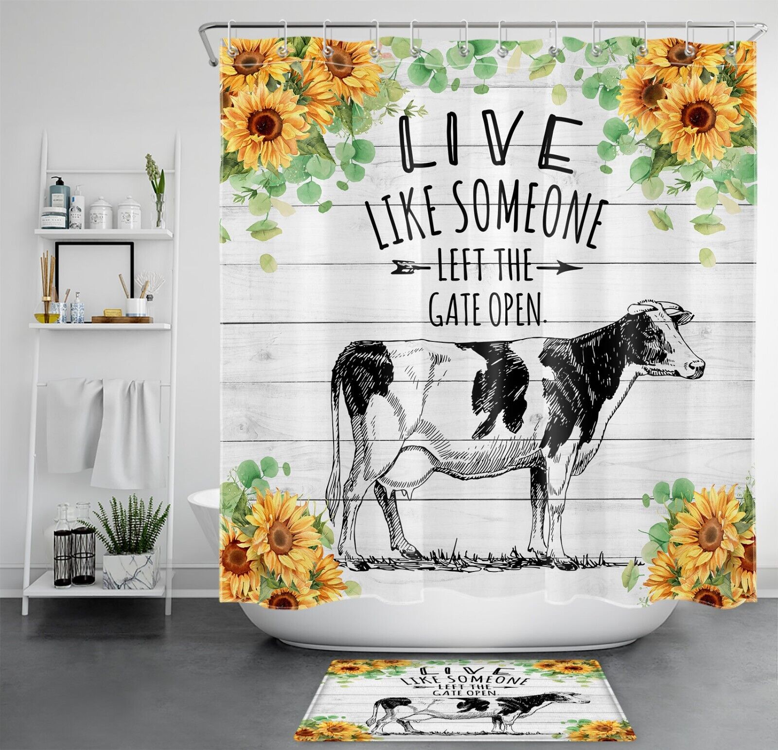 Funny Cow and Sunflower Shower Curtain for Rustic Farmhouse Bathroom Decor