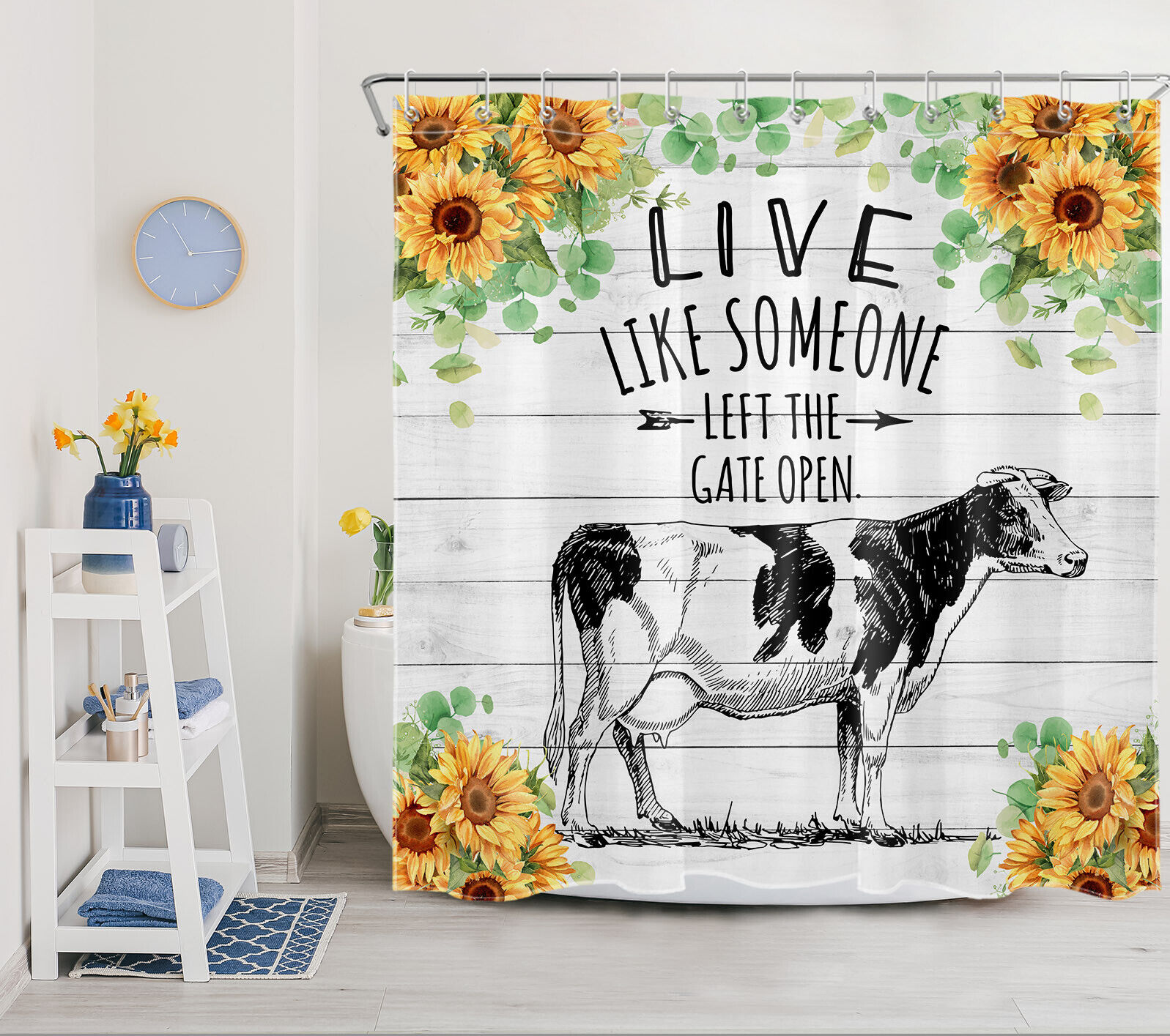 Funny Cow and Sunflower Shower Curtain for Rustic Farmhouse Bathroom Decor