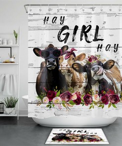 Funny Cows and Spring Flowers Rustic Planks Printed Shower Curtain for Bathroom Decor