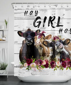 Funny Cows and Spring Flowers Rustic Planks Printed Shower Curtain for Bathroom Decor