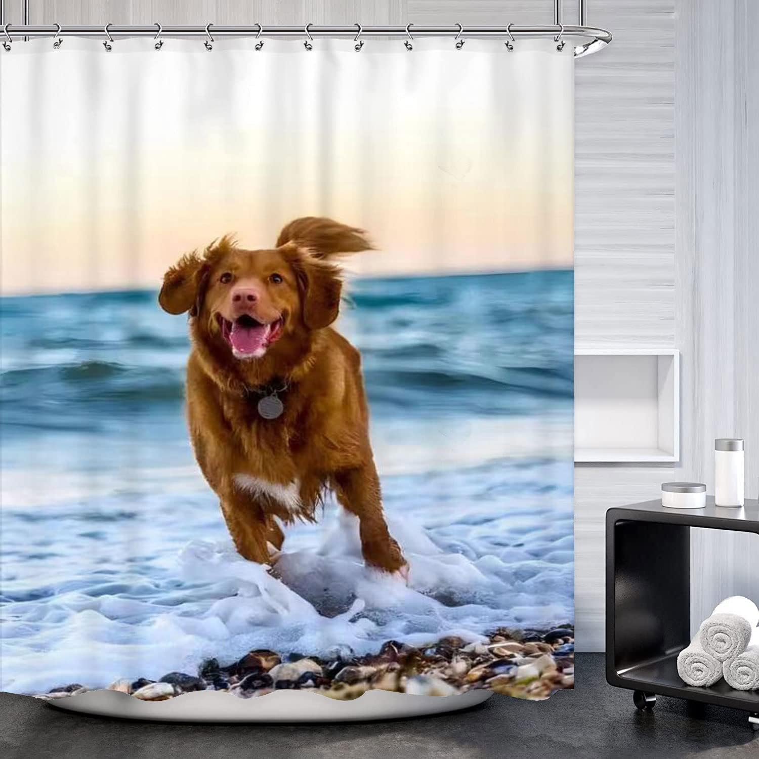 Funny Dachshund Shower Curtain For Beach Lovers - Waterproof Fabric Bathroom Decor