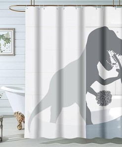Funny Dino Silhouette Grey White Shower Curtain For Kids Bathroom
