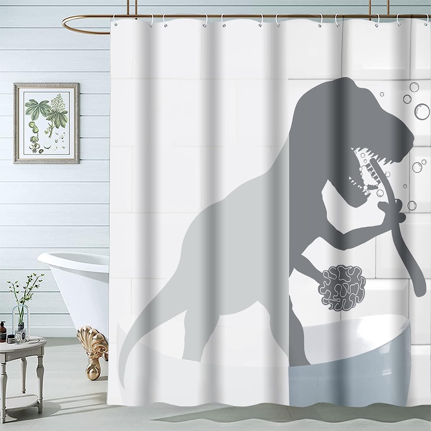 Funny Dino Silhouette Grey White Shower Curtain For Kids Bathroom