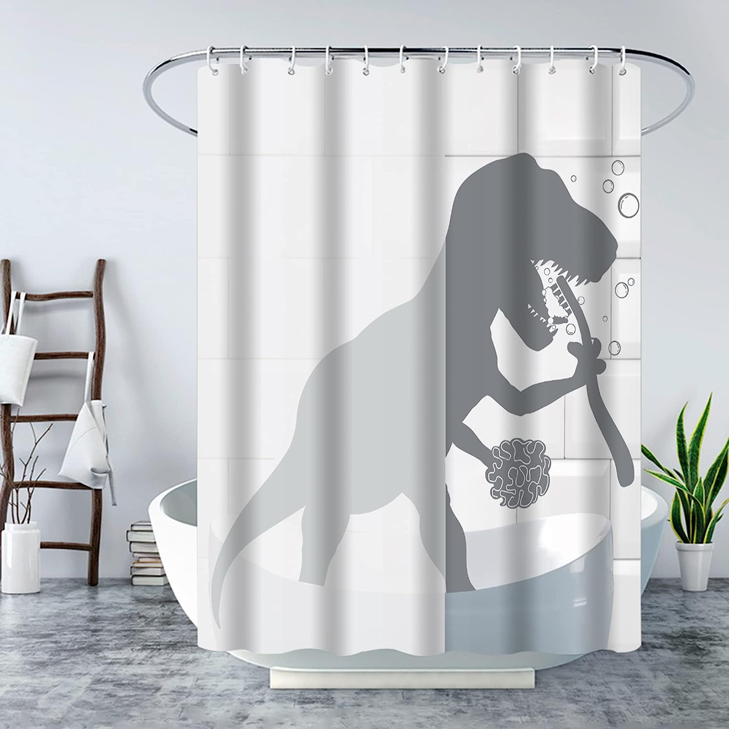 Funny Dino Silhouette Grey White Shower Curtain For Kids Bathroom - Image 2