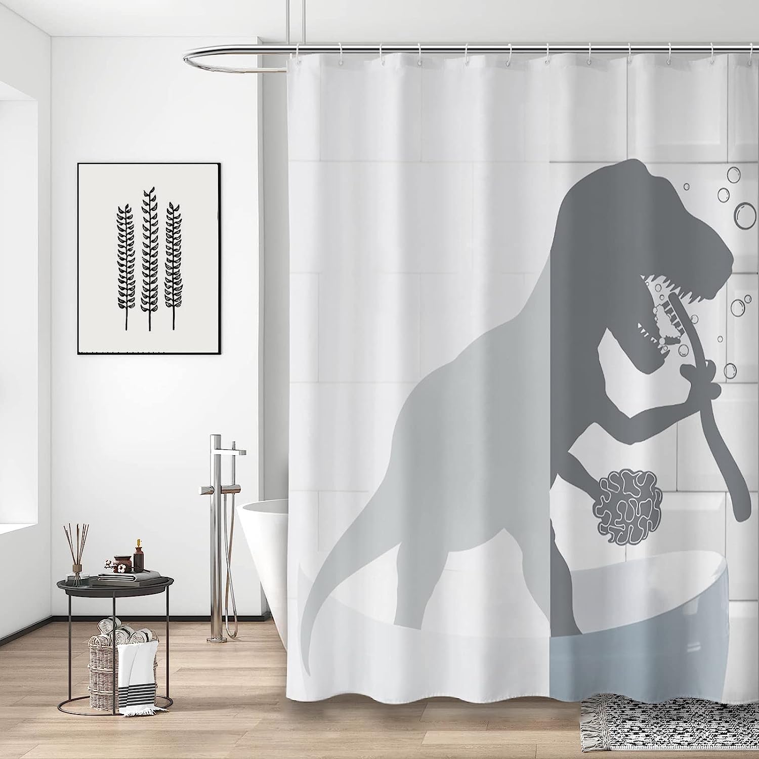 Funny Dino Silhouette Grey White Shower Curtain For Kids Bathroom - Image 3