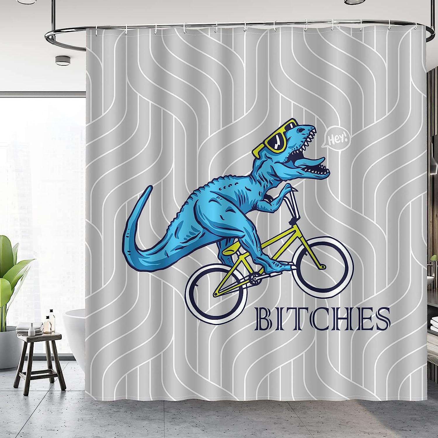 Funny Dinosaur Bike Ride Shower Curtain For Cute Bathroom Decor - Image 2