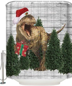 Funny Dinosaur Shower Curtain With T-Rex Wearing Santa Hat, Perfect For Christmas Bathroom Decor