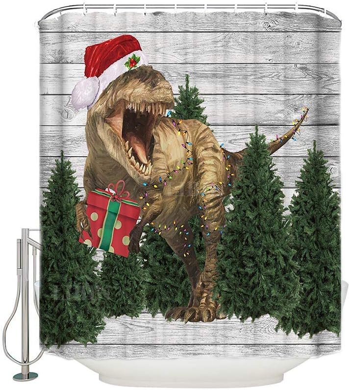Funny Dinosaur Shower Curtain With T-Rex Wearing Santa Hat, Perfect For Christmas Bathroom Decor
