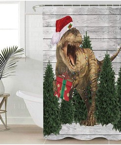 Funny Dinosaur Shower Curtain With T-Rex Wearing Santa Hat, Perfect For Christmas Bathroom Decor
