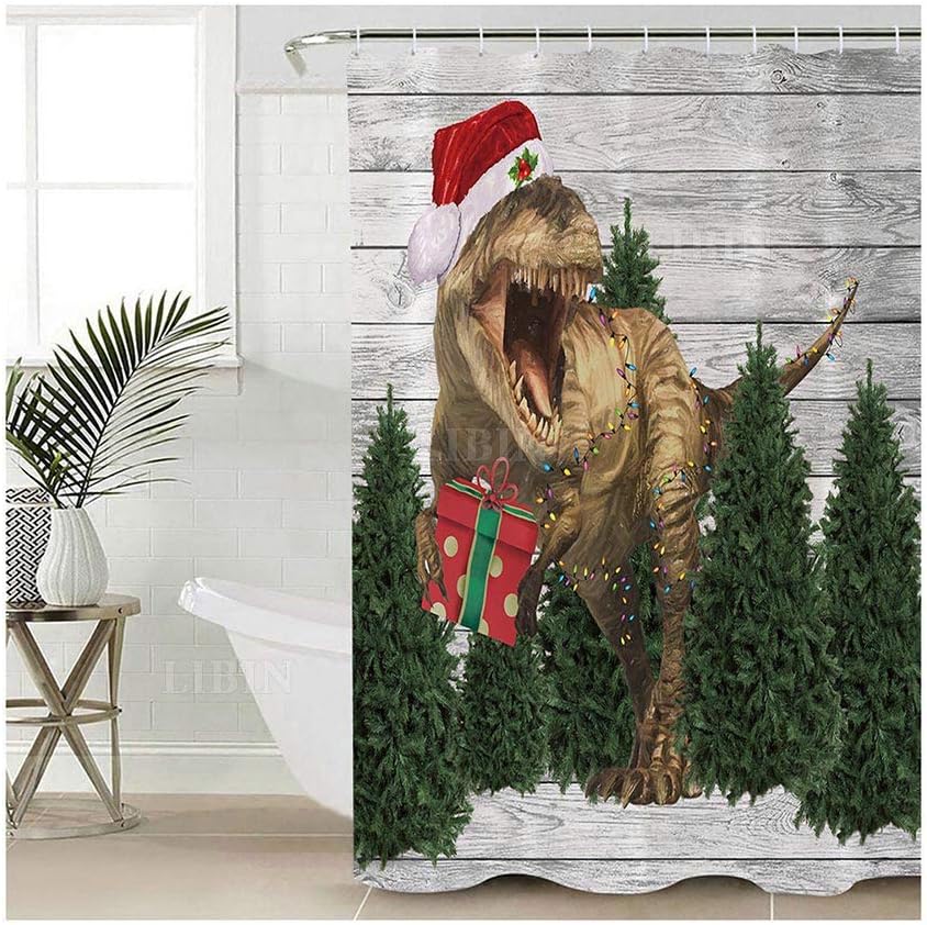 Funny Dinosaur Shower Curtain With T-Rex Wearing Santa Hat, Perfect For Christmas Bathroom Decor
