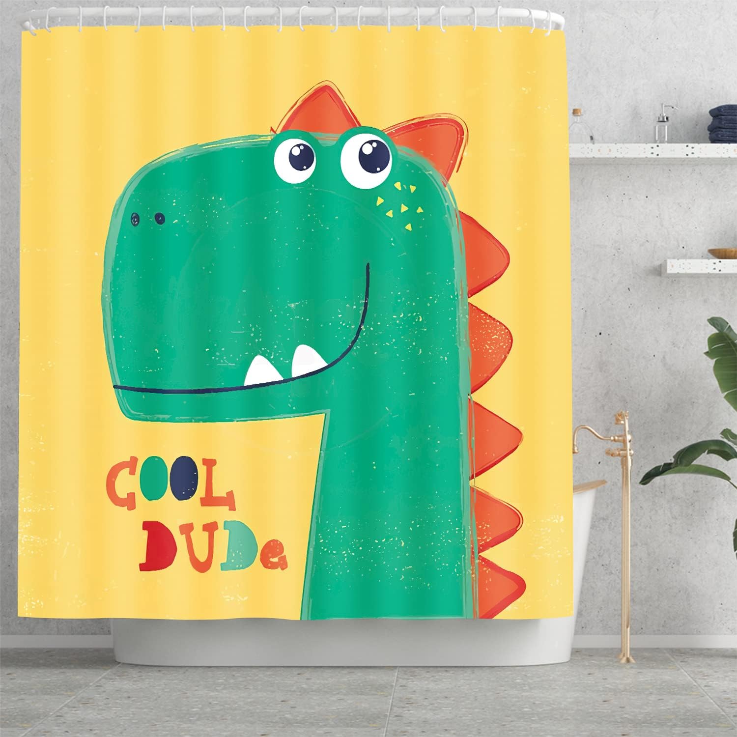 Funny Dinosaur Theme Pongee Green Shower Curtain for Boys Bathroom