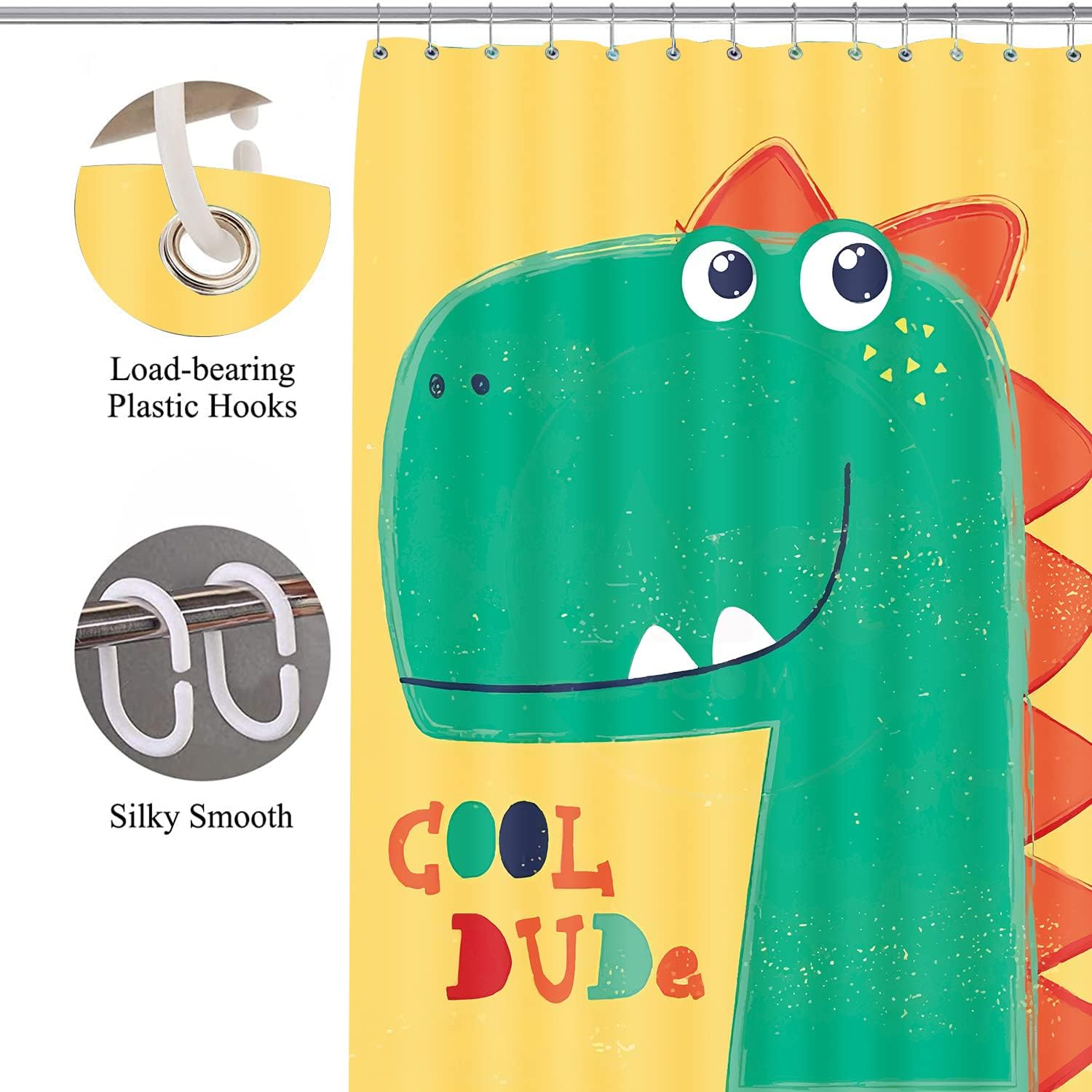 Funny Dinosaur Theme Pongee Green Shower Curtain for Boys Bathroom