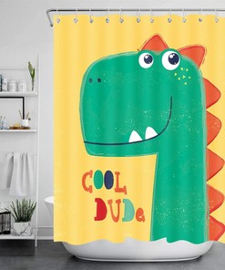 Funny Dinosaur Theme Pongee Green Shower Curtain for Boys Bathroom