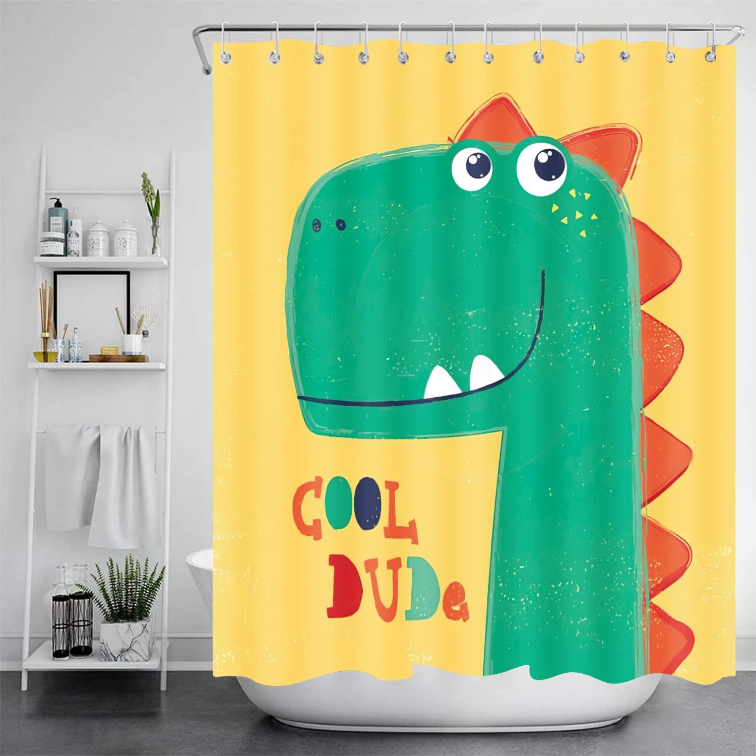 Funny Dinosaur Theme Pongee Green Shower Curtain for Boys Bathroom