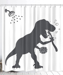 Funny Dinosaur Trex Raptor Silhouette Shower Curtain for Kids Bathroom with Black and White Cartoon Shadow Prints