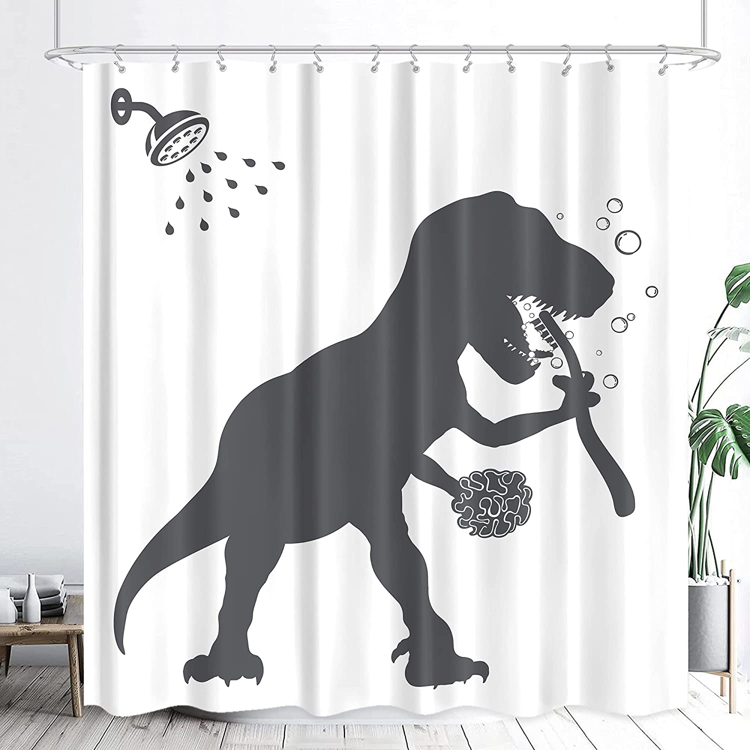 Funny Dinosaur Trex Raptor Silhouette Shower Curtain for Kids Bathroom with Black and White Cartoon Shadow Prints