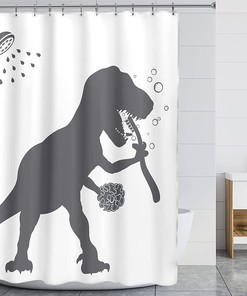 Funny Dinosaur Trex Raptor Silhouette Shower Curtain for Kids Bathroom with Black and White Cartoon Shadow Prints