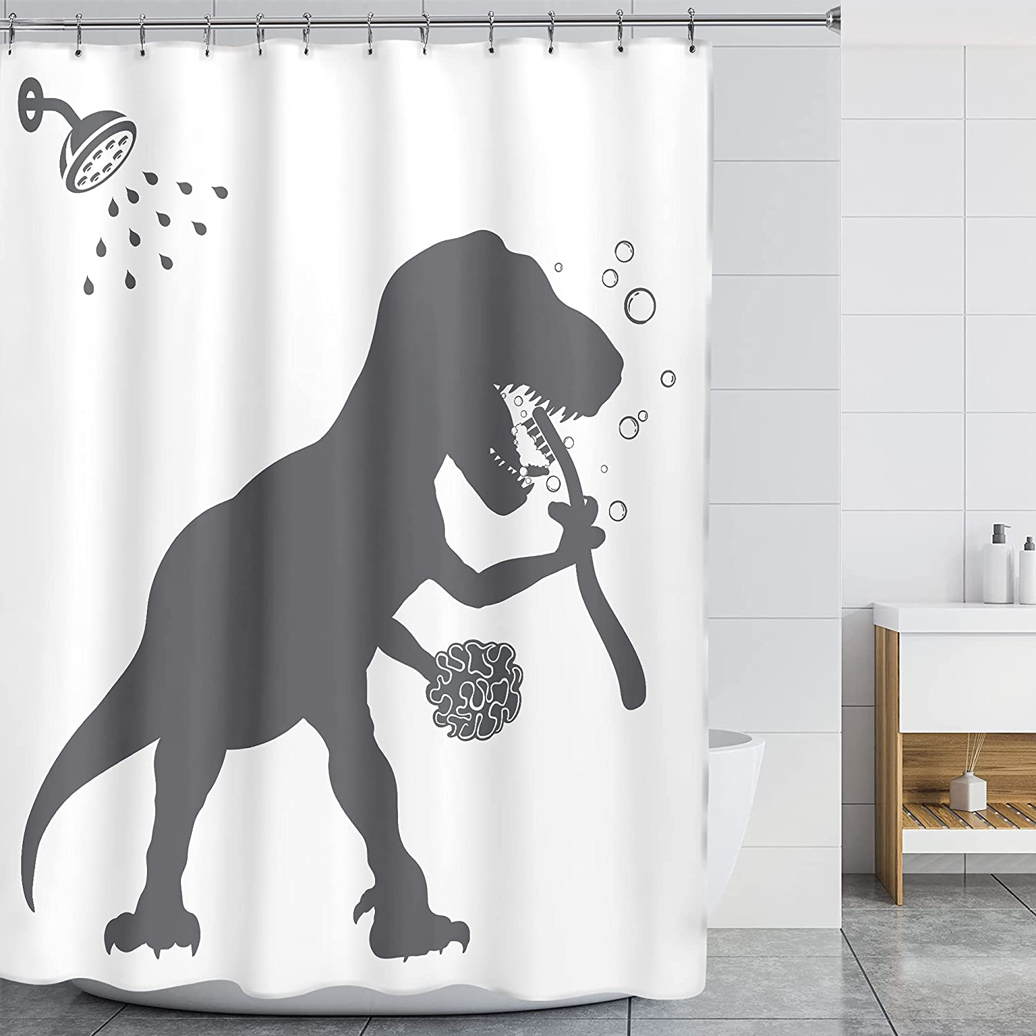Funny Dinosaur Trex Raptor Silhouette Shower Curtain for Kids Bathroom with Black and White Cartoon Shadow Prints