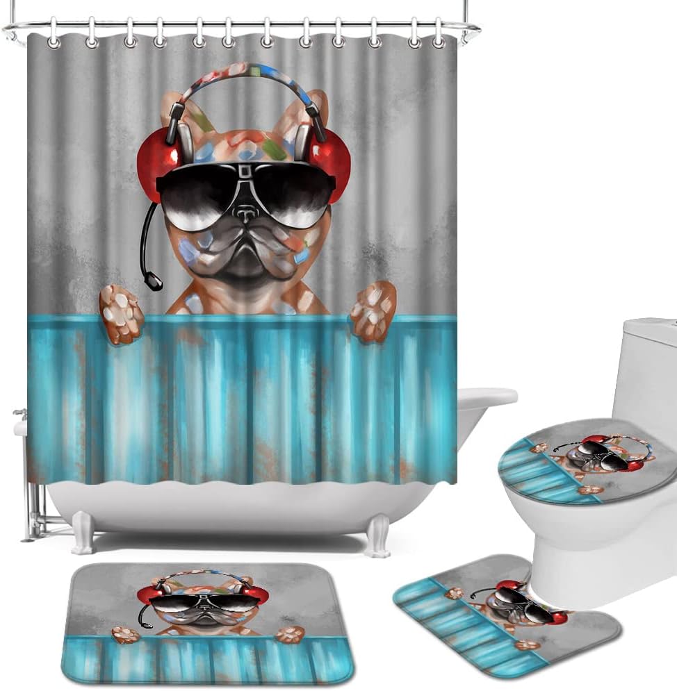 Funny Dog And Music Lover Teal Shower Curtain For Bathroom Decor,