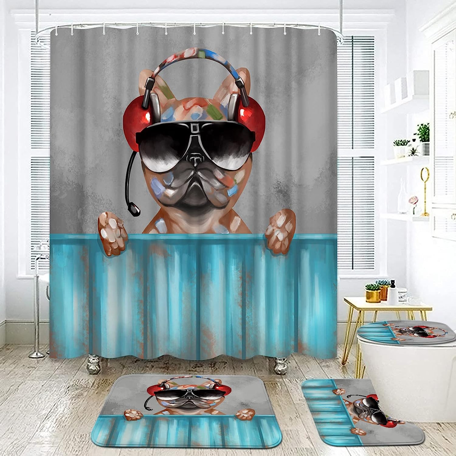 Funny Dog And Music Lover Teal Shower Curtain For Bathroom Decor, - Image 2