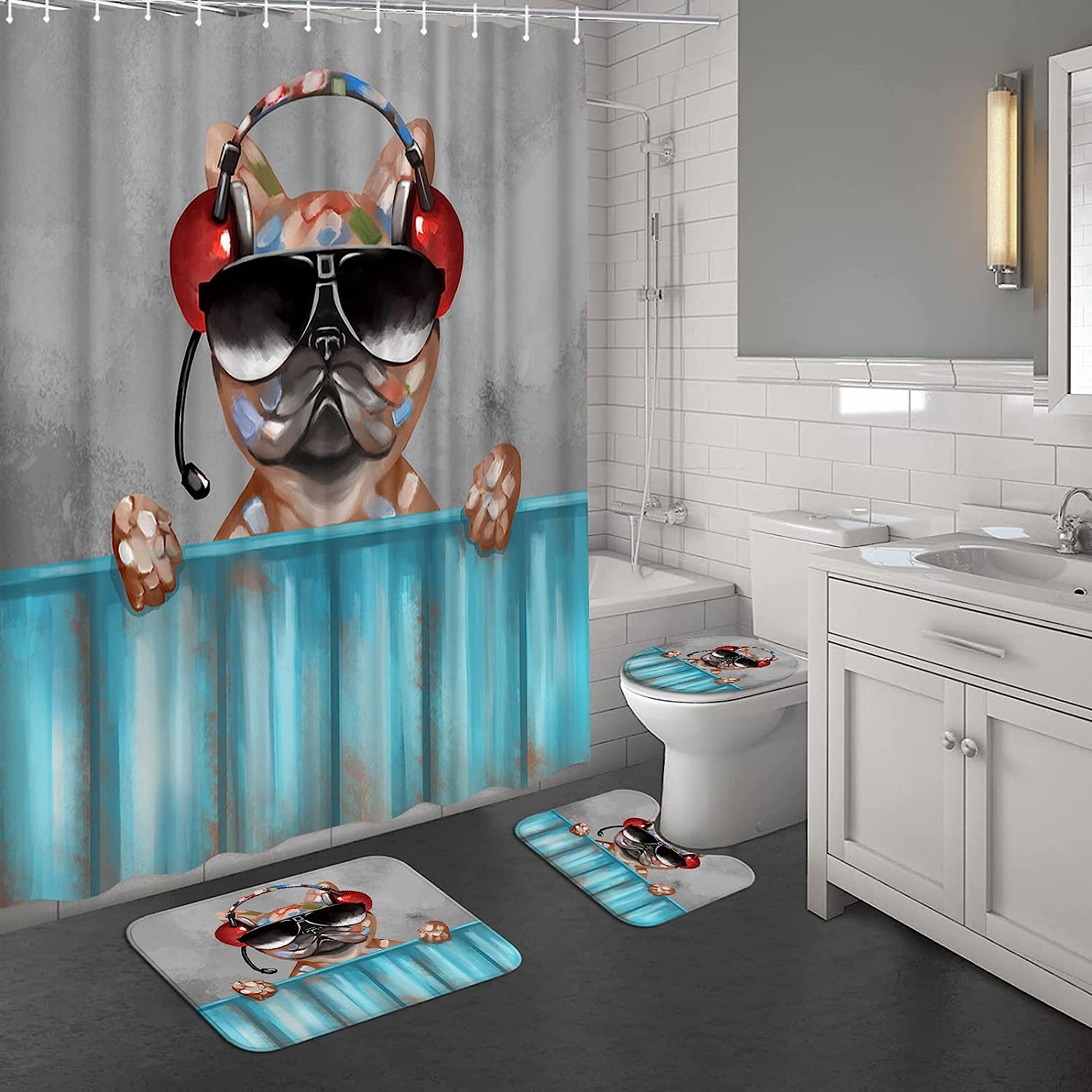 Funny Dog And Music Lover Teal Shower Curtain For Bathroom Decor, - Image 3