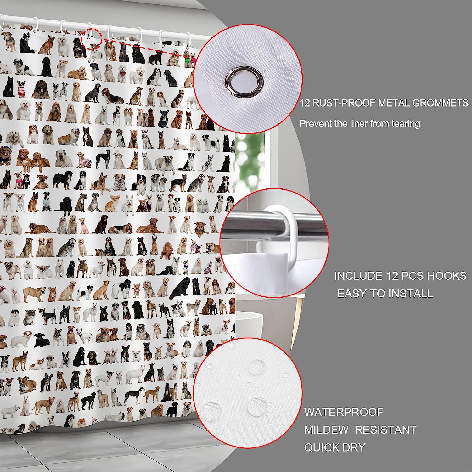 Funny Dog Family Shower Curtain With Lovely Puppy Pets Bath Curtain Fabric - Image 3