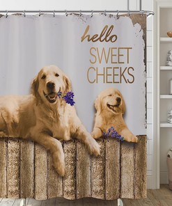 Funny Dog Hello Sweet Cheeks Wooden Primitive Style Shower Curtain for Fun Western Bathroom Decor