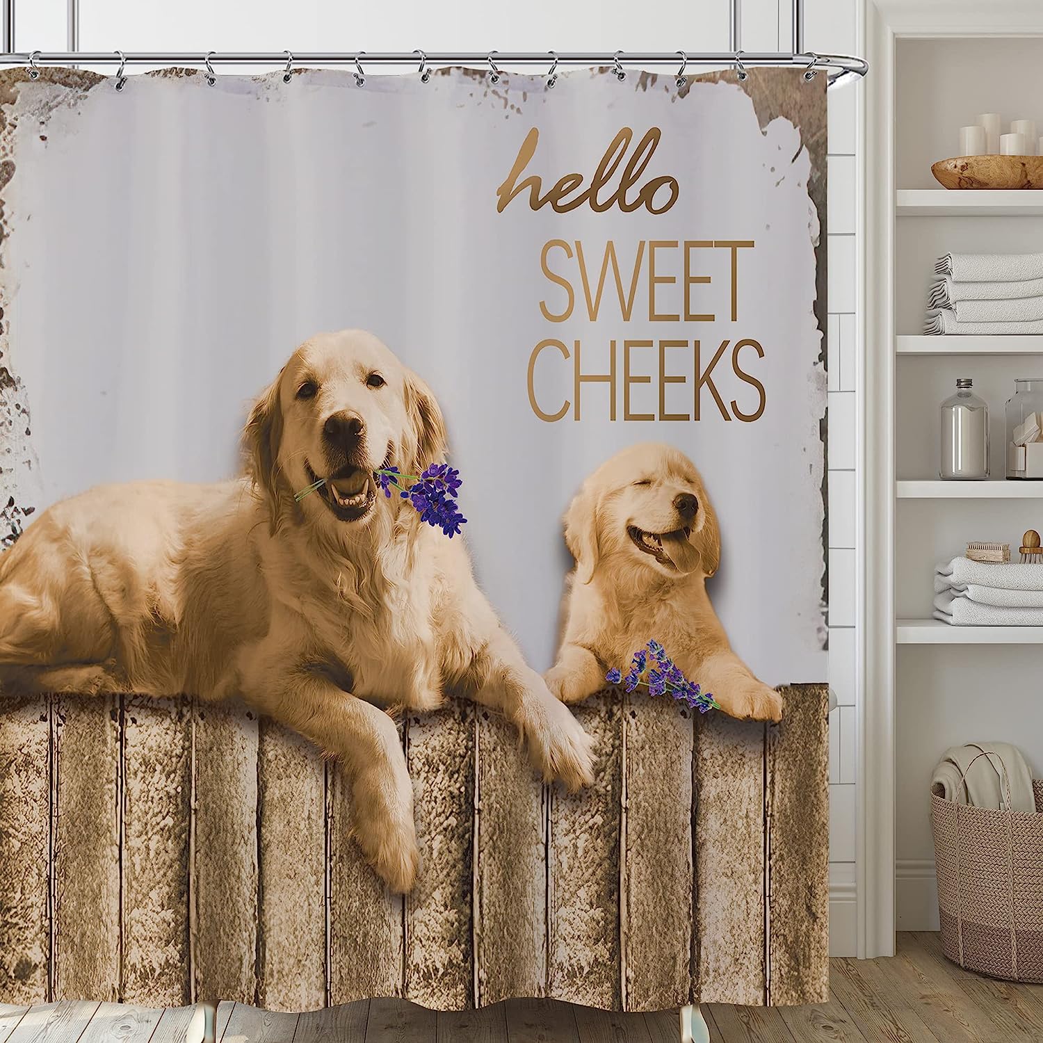 Funny Dog Hello Sweet Cheeks Wooden Primitive Style Shower Curtain for Fun Western Bathroom Decor