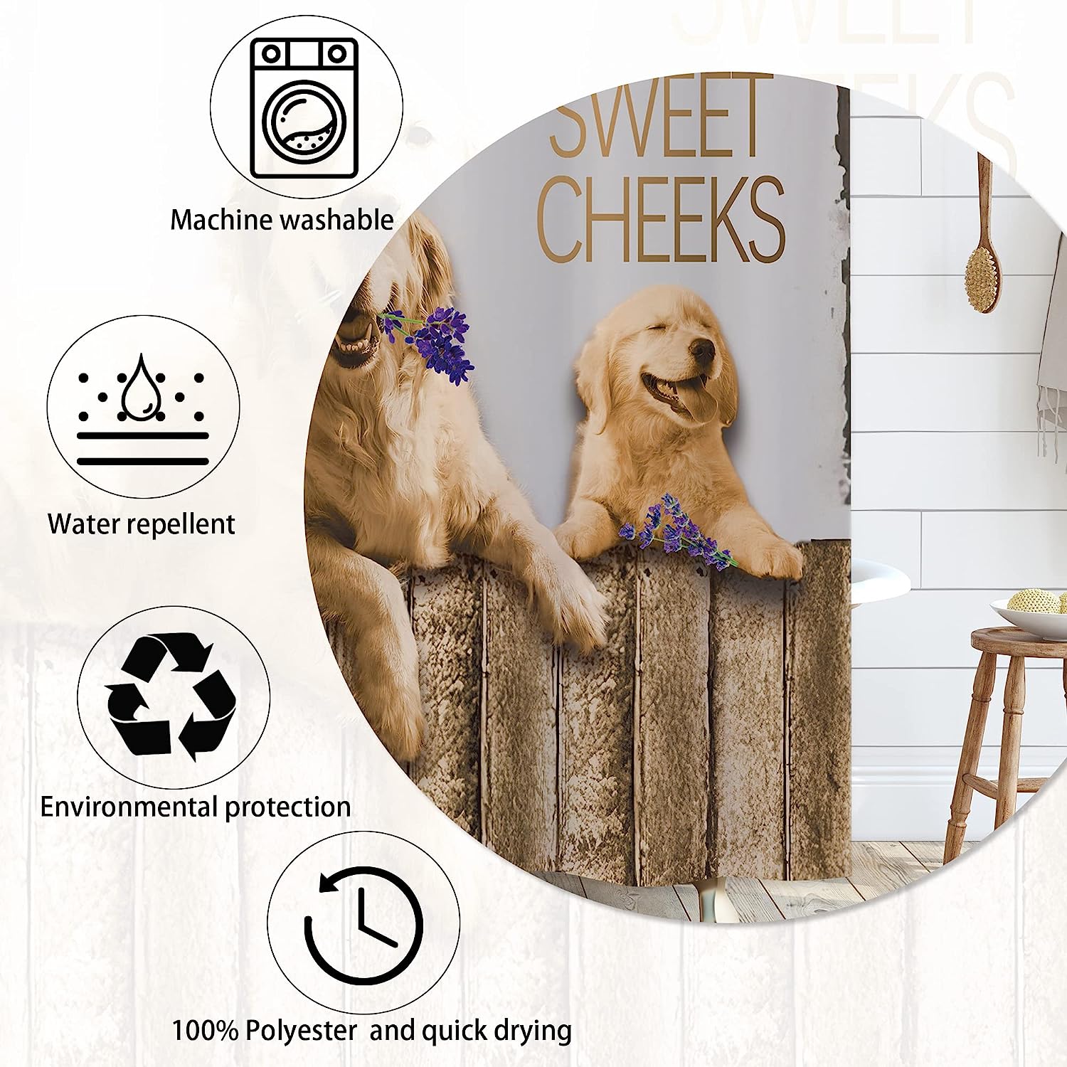 Funny Dog Hello Sweet Cheeks Wooden Primitive Style Shower Curtain for Fun Western Bathroom Decor