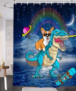 Funny Dog Riding Dinosaur And Rainbow Shower Curtain For Cute And Colorful Bathroom Decor