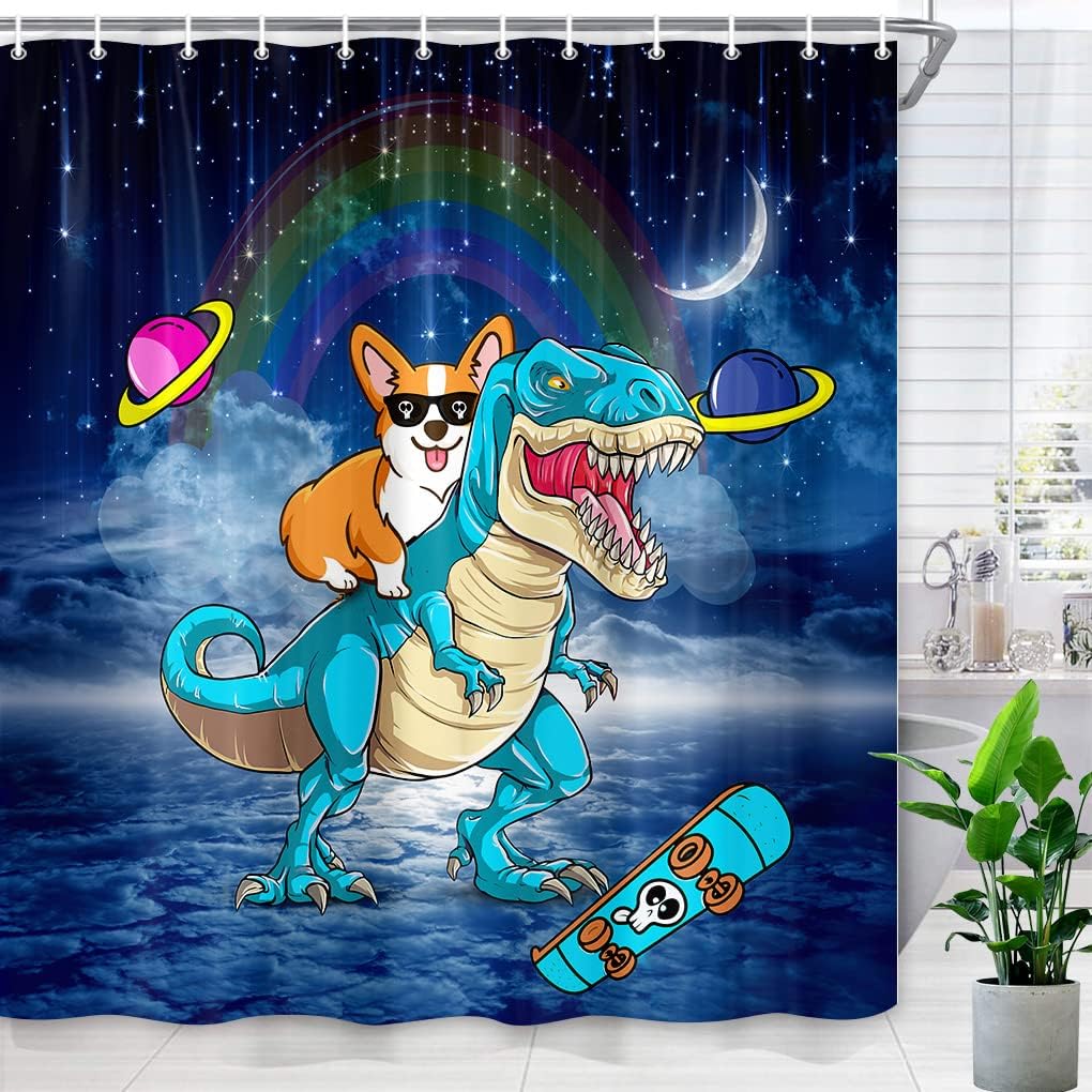 Funny Dog Riding Dinosaur And Rainbow Shower Curtain For Cute And Colorful Bathroom Decor - Image 2