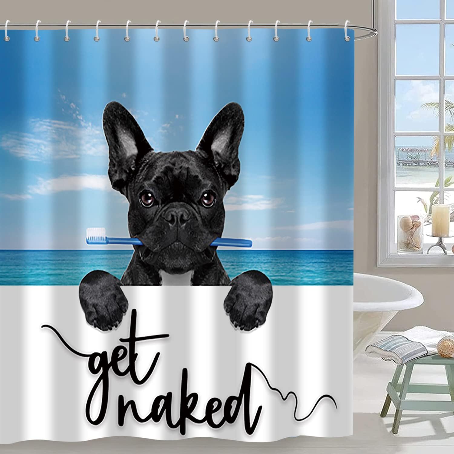 Funny Dog Shower Curtain With A French Bulldog, Pet Lover Bathroom Decor