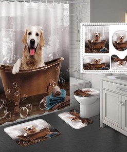 Funny Dog Shower Curtain With Cute Animal Tiger Print, Bathroom Curtains Set With Toilet Mat And Lid 