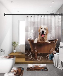 Funny Dog Shower Curtain With Cute Animal Tiger Print, Bathroom Curtains Set With Toilet Mat And Lid