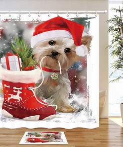 Funny Dog Wearing A Christmas Hat Shower Curtain - Bathroom Decor Fabric