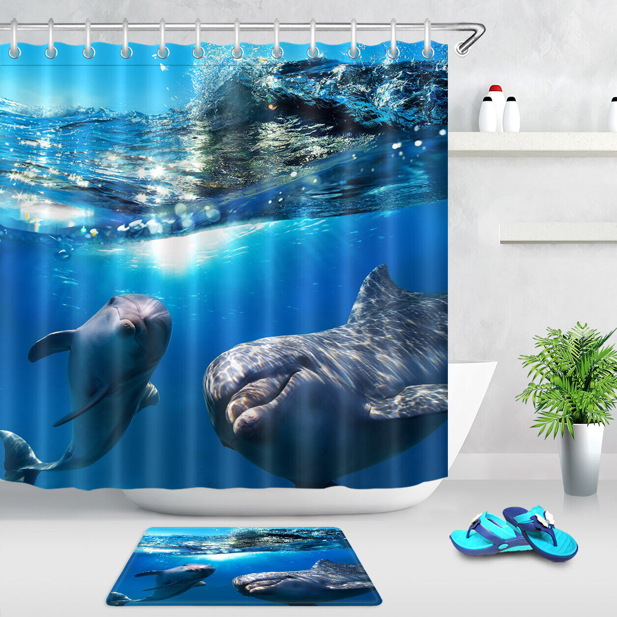 Funny Dolphins Sea Water Sunshine - Waterproof Fabric Shower Curtain
