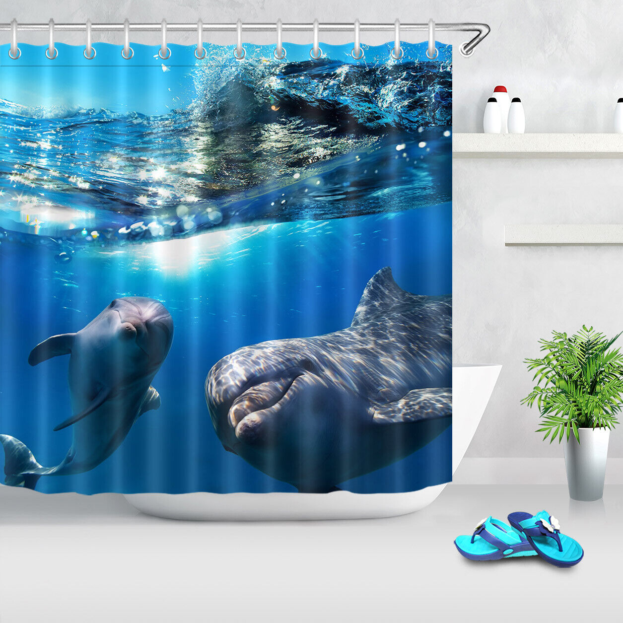 Funny Dolphins Sea Water Sunshine - Waterproof Fabric Shower Curtain - Image 2