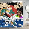 Funny Dragon Cute Samurai Cat Surfing Animal Red Sun Clouds Summer, Japanese Sea Wave Shower Curtain For Bathroom Decor