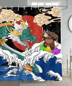 Funny Dragon Cute Samurai Cat Surfing Animal Red Sun Clouds Summer, Japanese Sea Wave Shower Curtain For Bathroom Decor