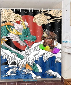 Funny Dragon Cute Samurai Cat Surfing Animal Red Sun Clouds Summer, Japanese Sea Wave Shower Curtain For Bathroom Decor