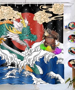 Funny Dragon Cute Samurai Cat Surfing Animal Red Sun Clouds Summer, Japanese Sea Wave Shower Curtain For Bathroom Decor