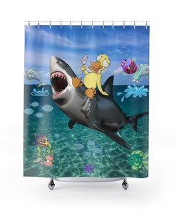 Funny Duck Riding Shark Shower Curtain For Creative Bathroom Decor