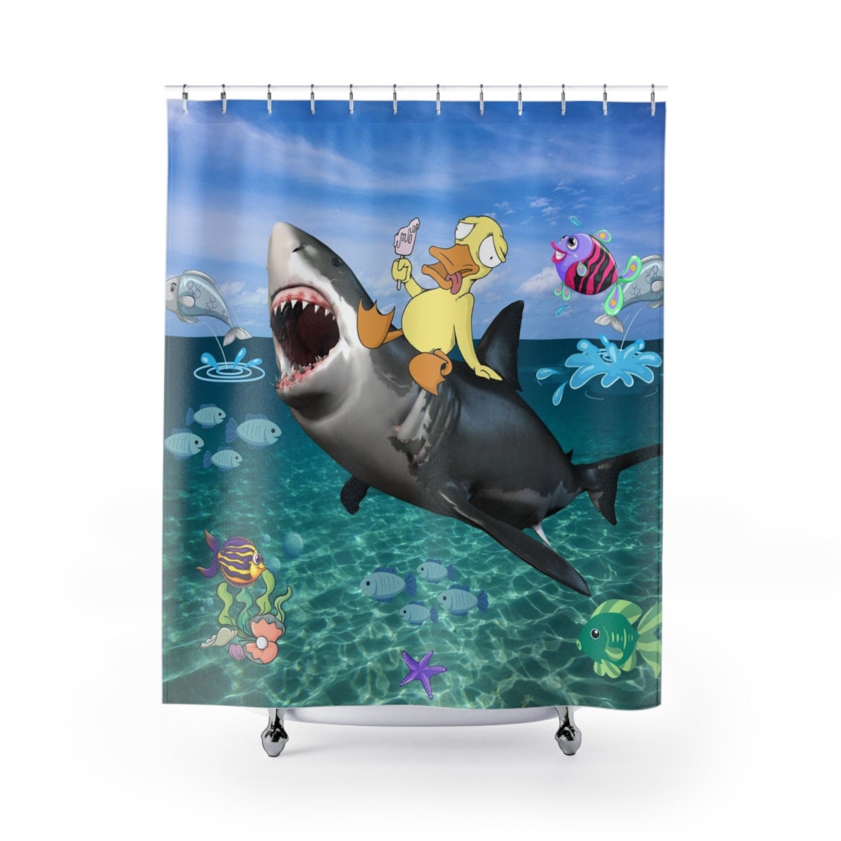 Funny Duck Riding Shark Shower Curtain For Creative Bathroom Decor