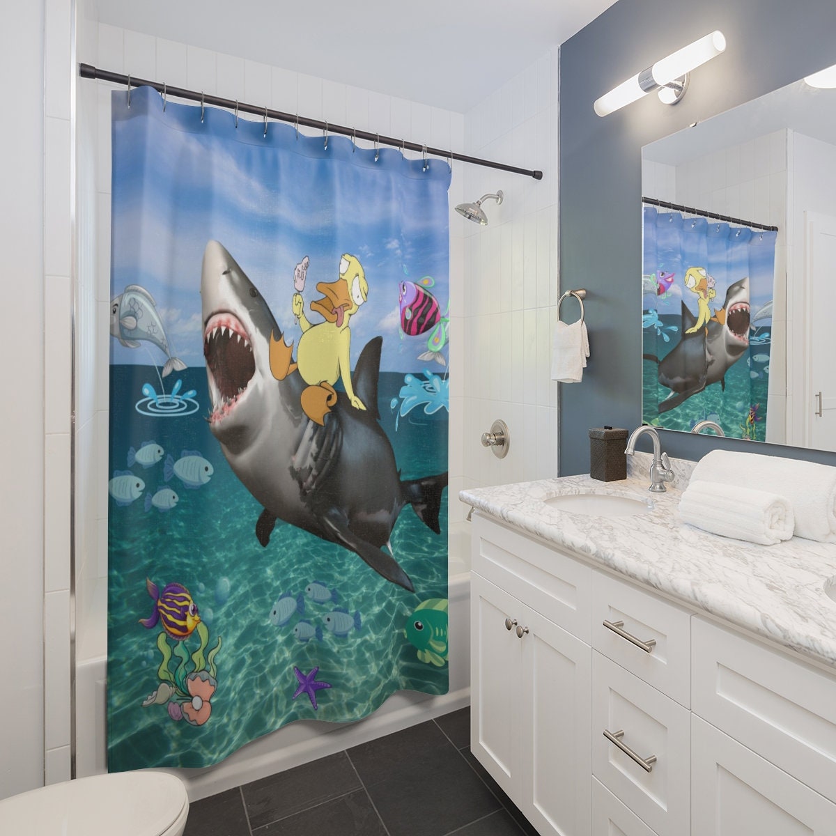 Funny Duck Riding Shark Shower Curtain For Creative Bathroom Decor - Image 2
