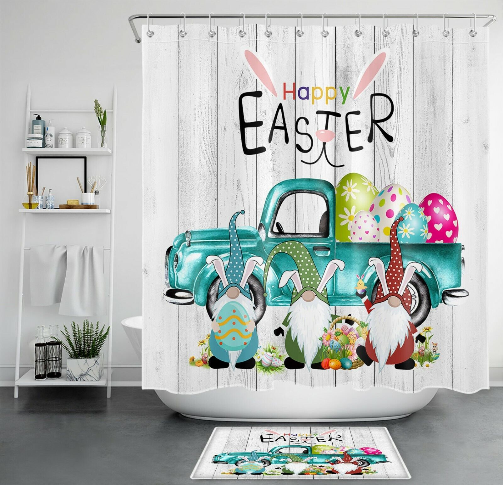 Funny Easter Eggs Gnome Blue Retro Truck Shower Curtain for Bathroom Accessory Set