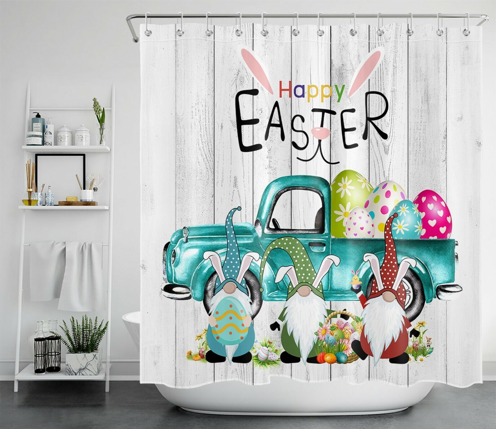 Funny Easter Eggs Gnome Blue Retro Truck Shower Curtain for Bathroom Accessory Set