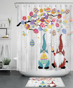 Funny Easter Gnome Rustic Board Shower Curtain with Grey Background