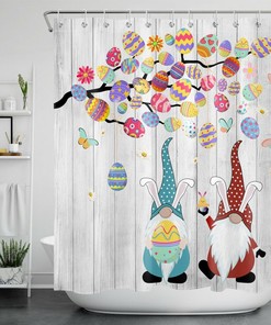 Funny Easter Gnome Rustic Board Shower Curtain with Grey Background